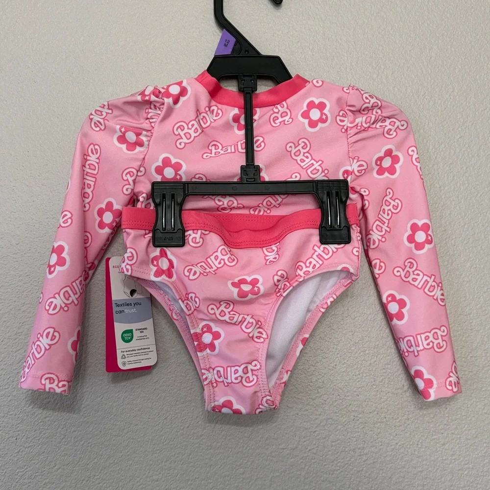 New Pink Barbie 2 Piece Swimsuit Size 12 Mo Long Sleeve Eco‎ Friendly Lining